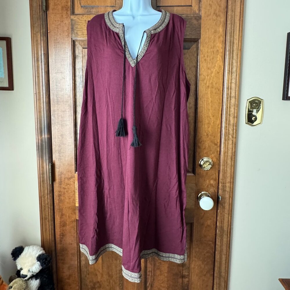 Lord & Taylor Burgundy Sleeveless Dress w/Gold Embroidered Trim Size 3X